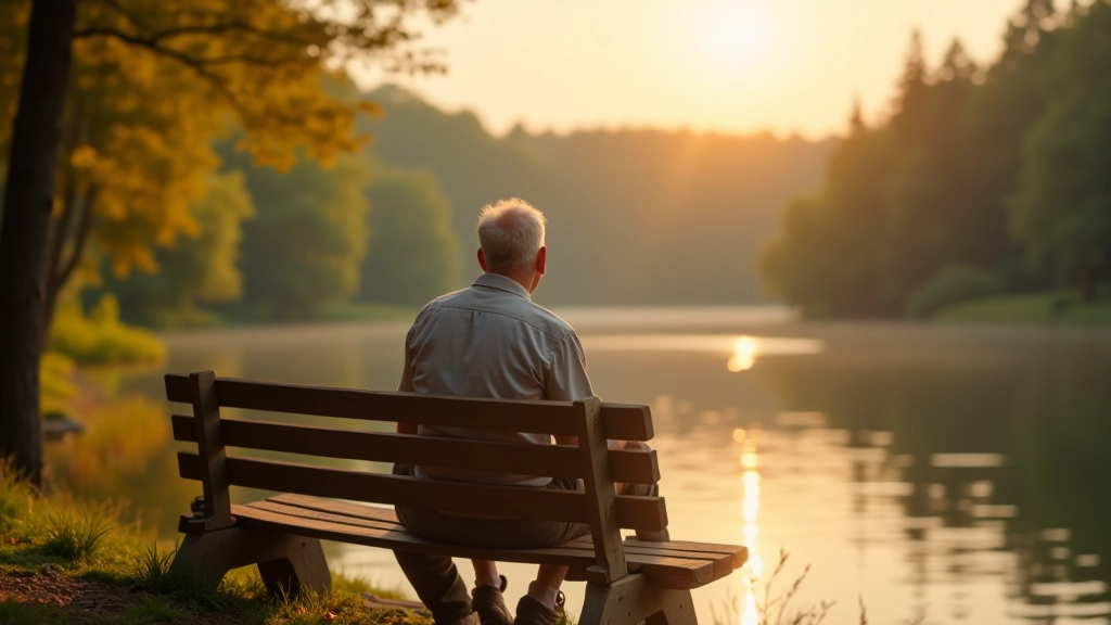 Stary senior siedzi na ławce nad jeziorem, patrzący w dal, natura, spokój, złote światło słoneczne
