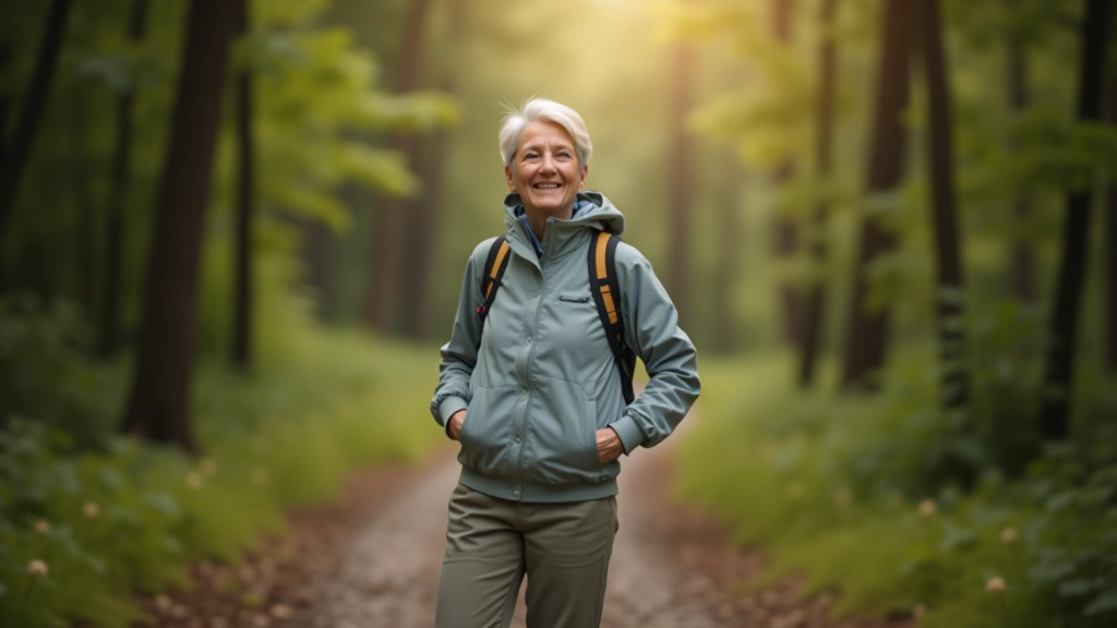 Senior kobieta na leśnej ścieżce, naturalne oświetlenie, spokojny wyraz twarzy, las w tle