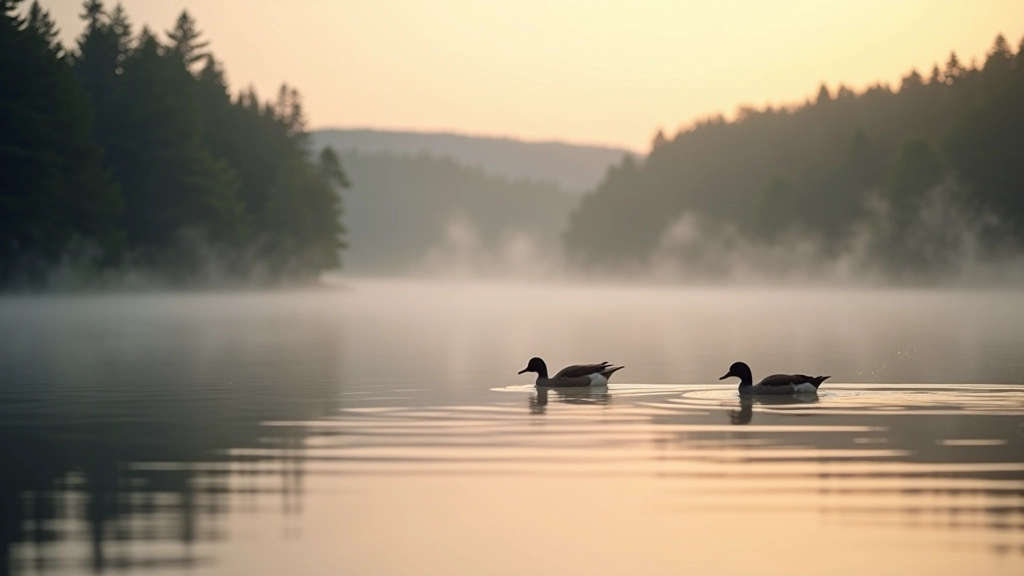 Spokojny brzeg jeziora Morskie Oko o świcie, ptaki na wodzie, las w tle