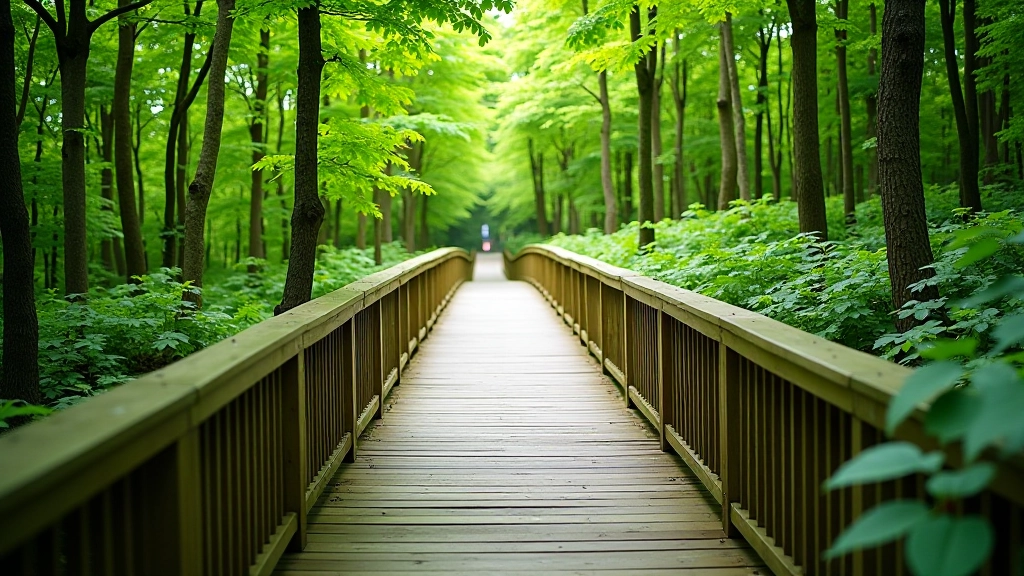 Drewniana ścieżka przez las, bezpieczny spacer, natura, zielone otoczenie